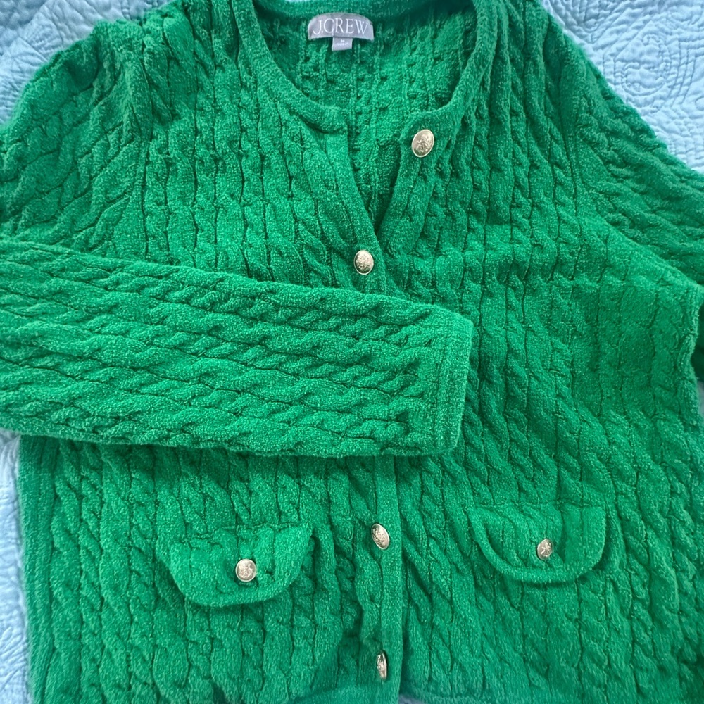J. Crew Vibrant Green Cardigan Sweater. Cable knit cardigan jacket style sweater - Picture 5 of 10
